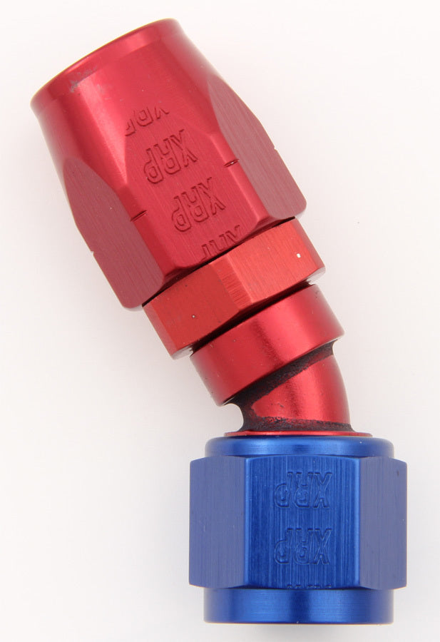 Fitting - Hose End - 30 Degree - 16 AN Hose to 16 AN Female - Double Swivel - Aluminum - Blue / Red Anodized - Each