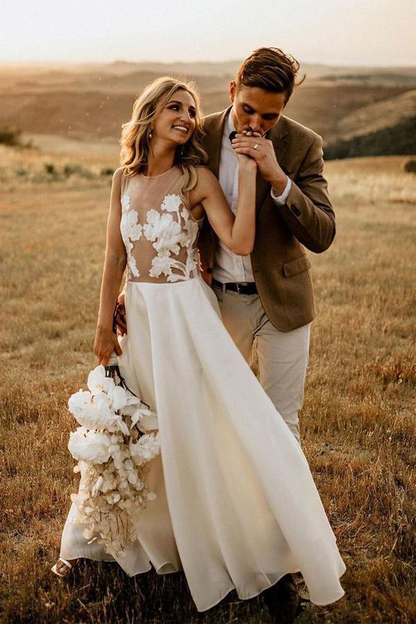See Through Tulle Outdoor Wedding Dress Rustic Bridal Dress WD498 US6 / As Picture