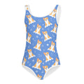 Girls blue corgi buttery soft quick drying leotard with white trim and cartoon corgi and star pattern for dance and gymnastics