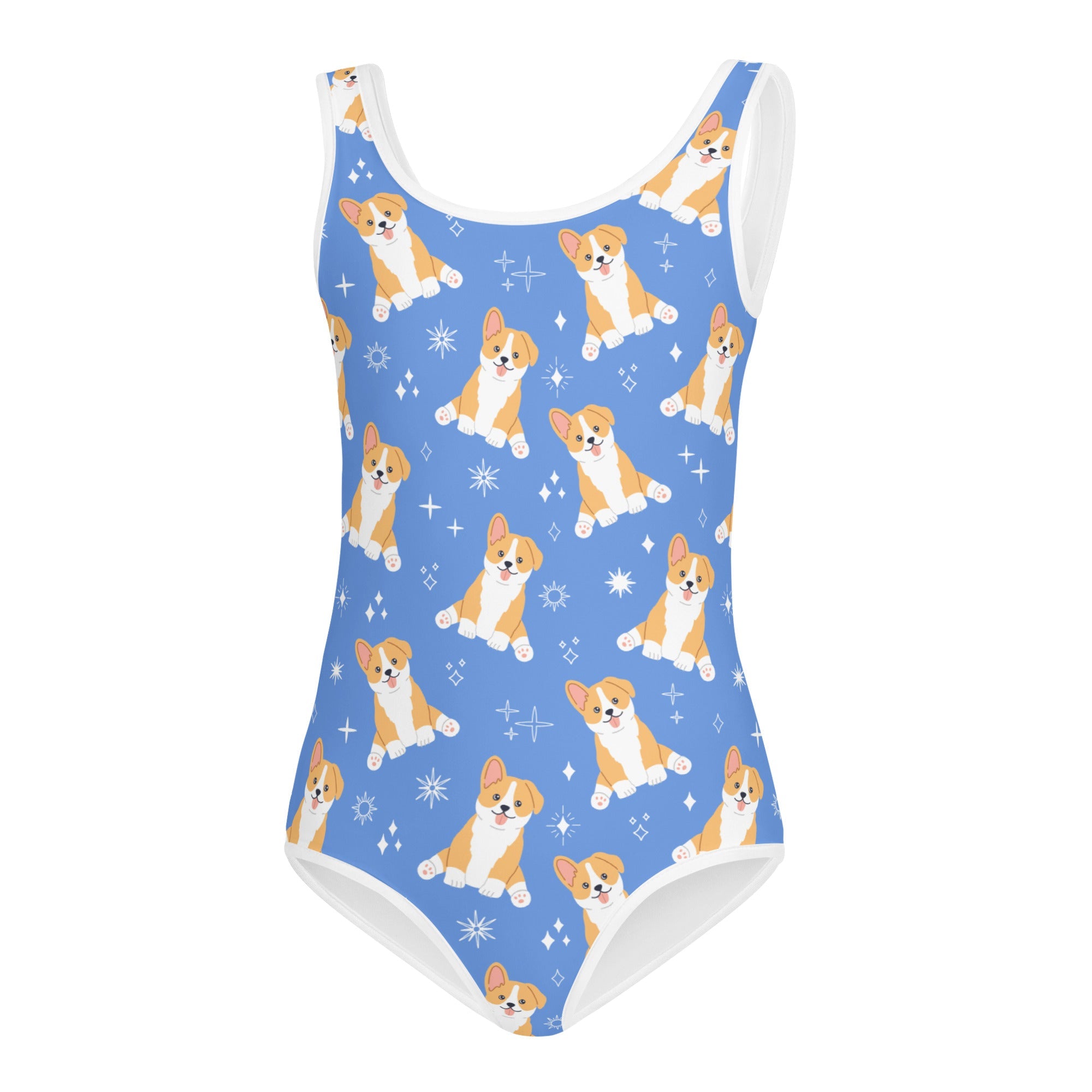 Girls blue corgi buttery soft quick drying leotard with white trim and cartoon corgi and star pattern for dance and gymnastics