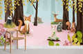 Whimsical woodland mural in pastel colours. Includes fox, deer, bunny, raccoon, with wooden chair, white floor.