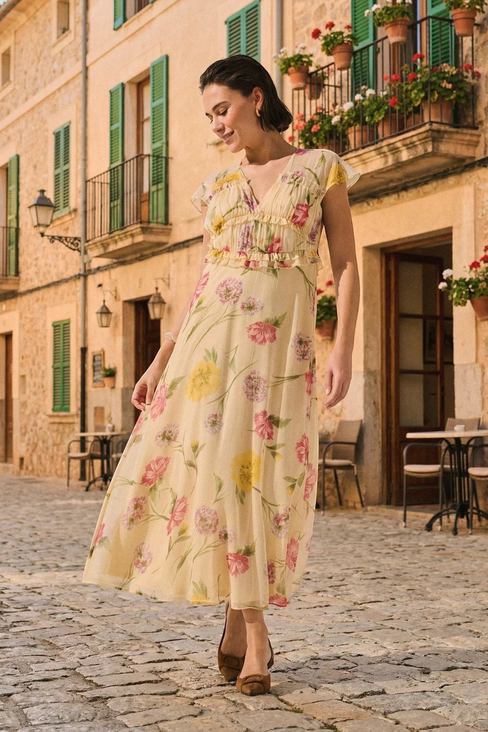 Antique Rose Boutique yellow floral chiffon long dress with V-neck and frill details worn by a woman outdoors.