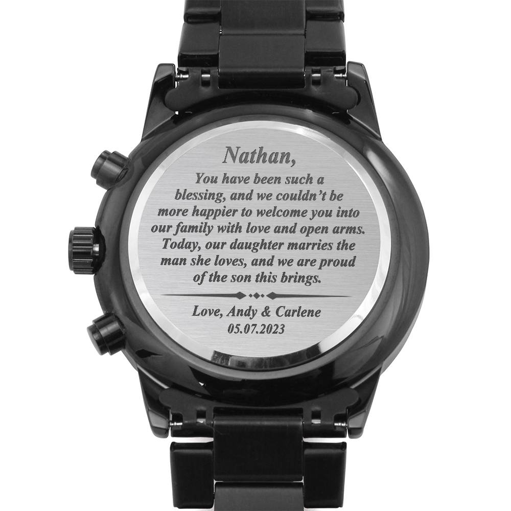 To Our Son-In-Law Customized Gift on Wedding Day, Future Son In Law Rehearsal Dinner Gift for Groom From Mother and Father In Law, Engraved Watch Gift