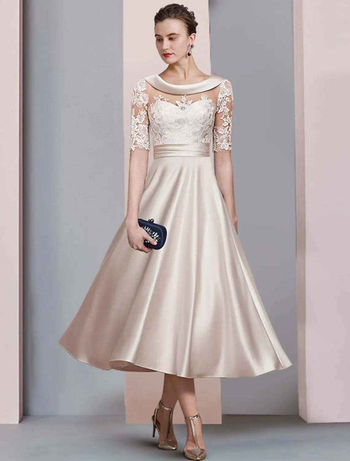 Vintage Tea Length A-Line of bride 2022 with Satin Lace and Half Sleeves