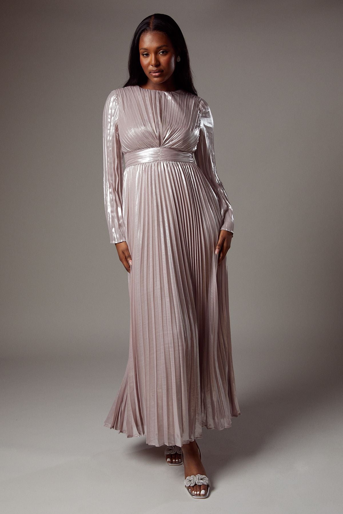 Metallic Blush Coast Metallic Pleated Maxi Dress