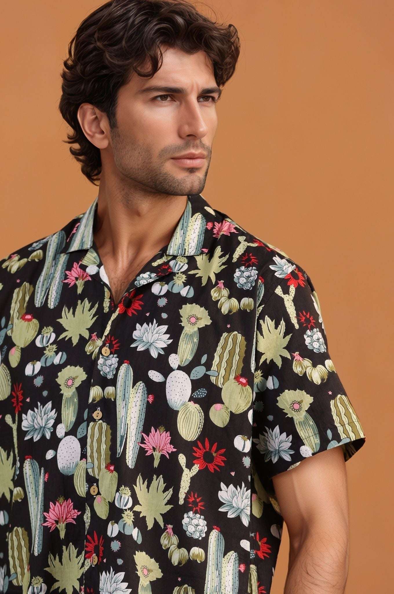 Black Cactus – Handcrafted Men’s Cuban Cotton Shirt | Cactus Print | 100% Mulmul Fabric - The Organico