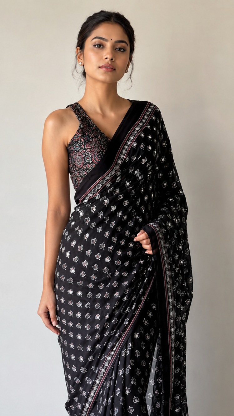 Black Moss Crepe Saree with Original Mirror Work S20