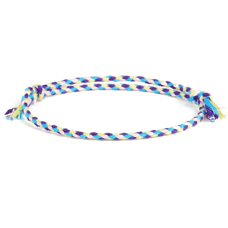 Bracelet cordon Sumatra tressage chevronné violet jaune blanc bleu nœuds coulissants