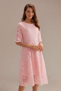Pink Short Sleeve Round Neck Hollow Midi Dress