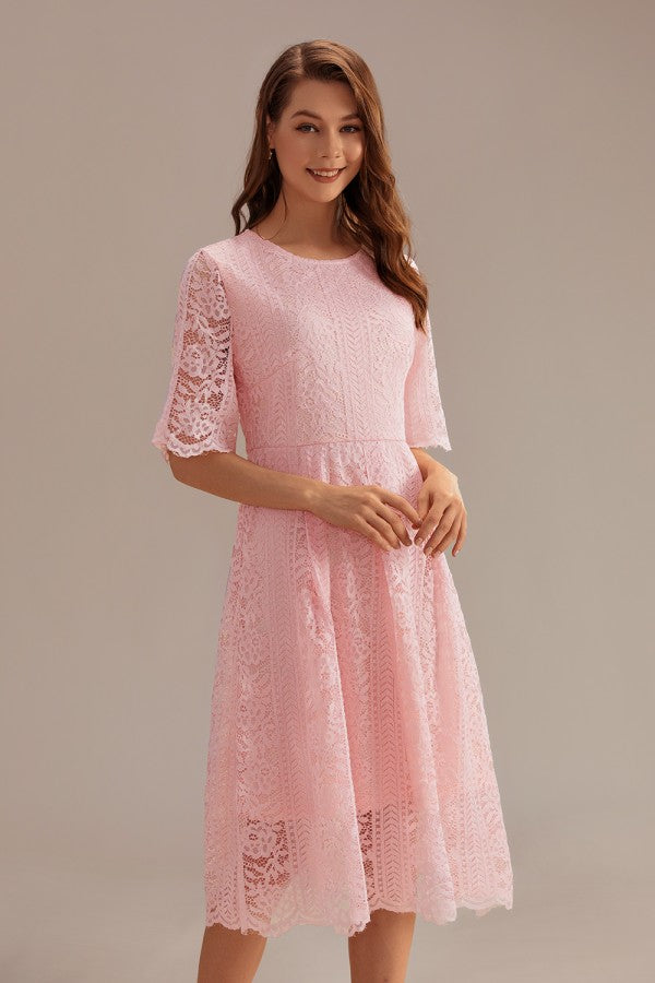Pink Short Sleeve Round Neck Hollow Midi Dress