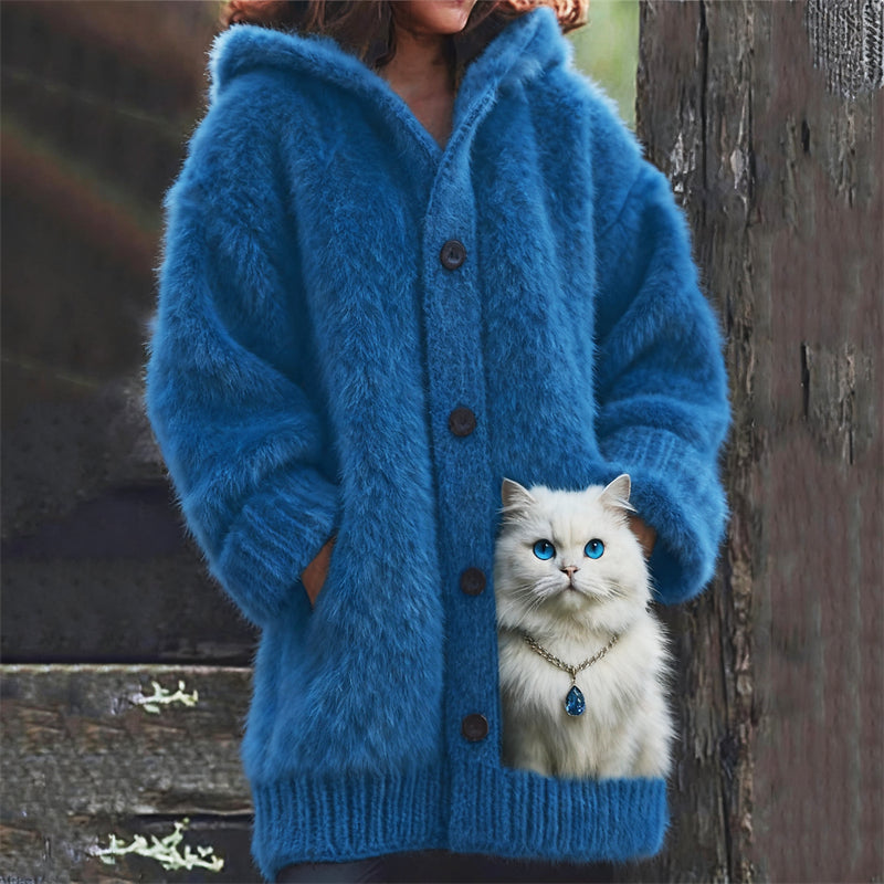 Comstylish Classy White Cat With Diamond Cozy Knit Hooded Cardigan