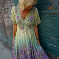 Purple Floral Embroidered Gradient Flowy Linen Maxi Dress artswardrobe