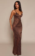 Women's Petite Chocolate Lace Cut Out Satin Maxi Dress