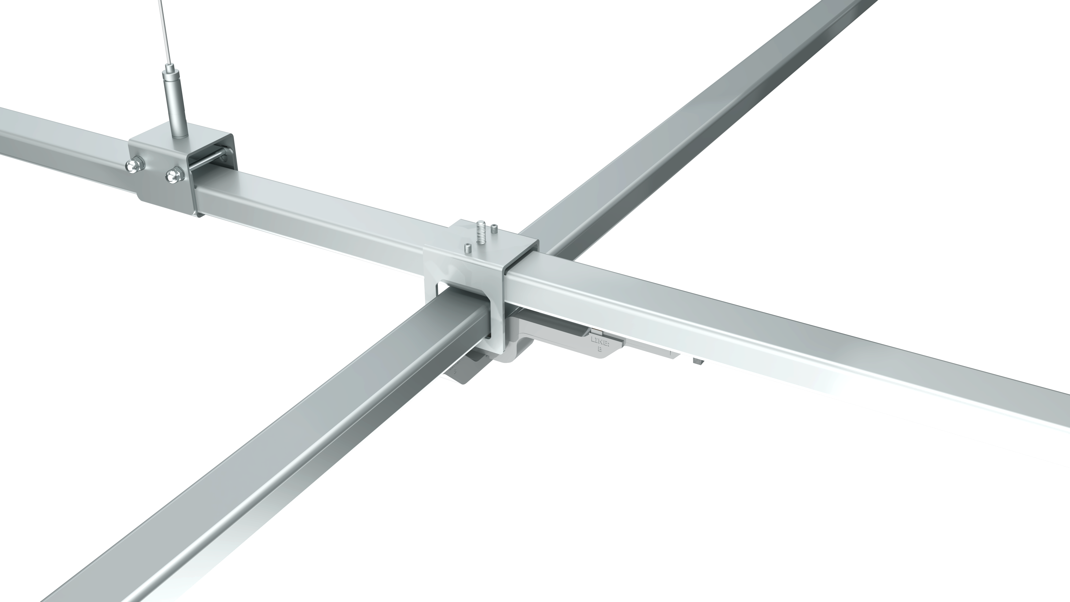 Top view of a Slimline Track Busway run crossing over another run with an intersection clamp