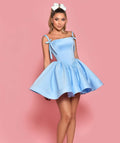 Light Blue Strapless Sequined Homecoming Dress with Lace-Up Back and Bow Embellishment, A-Line Mini Length
