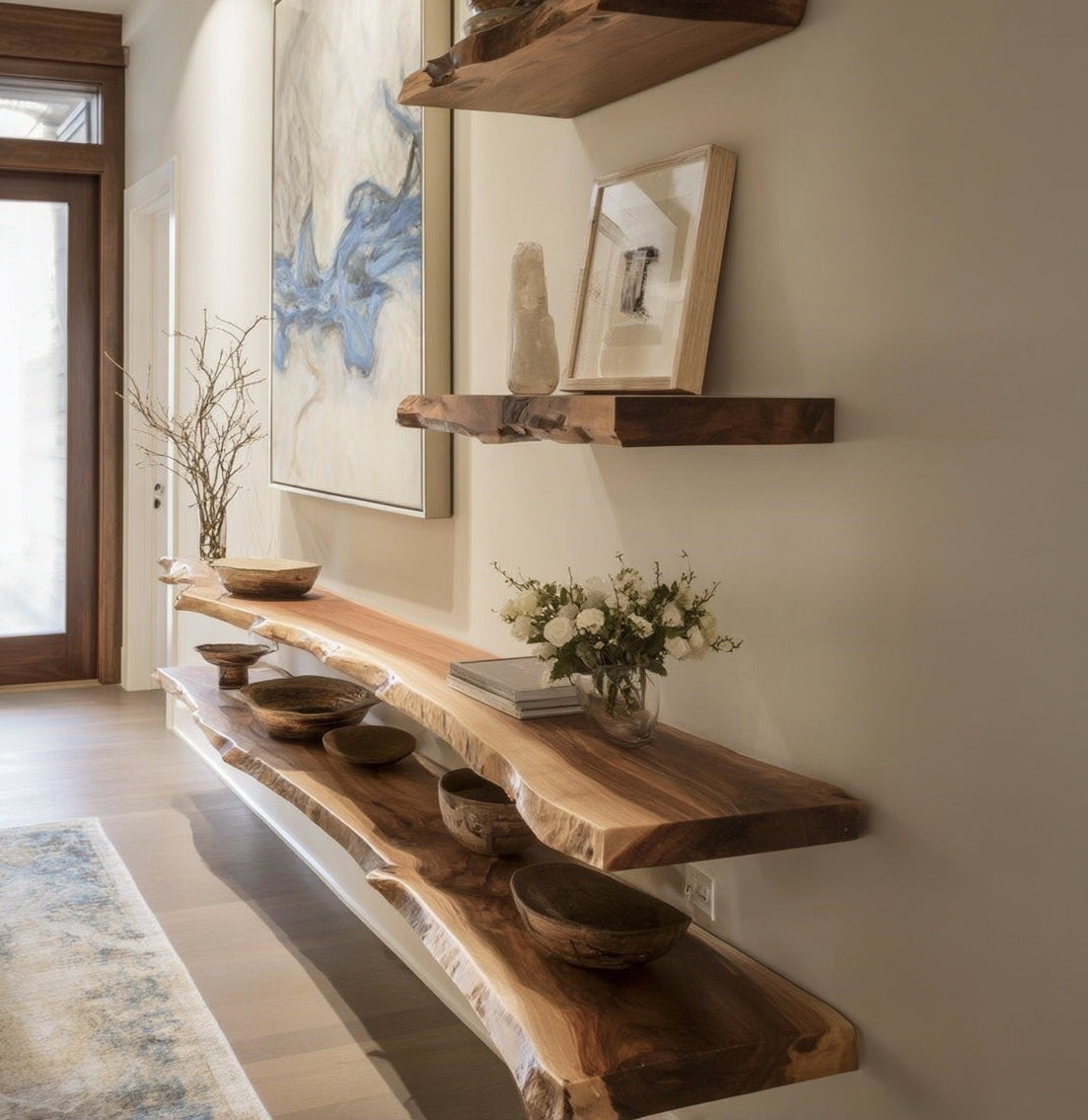 Handcrafted Live Edge Floating Shelf – Carved Wall-Mounted Wood Art
