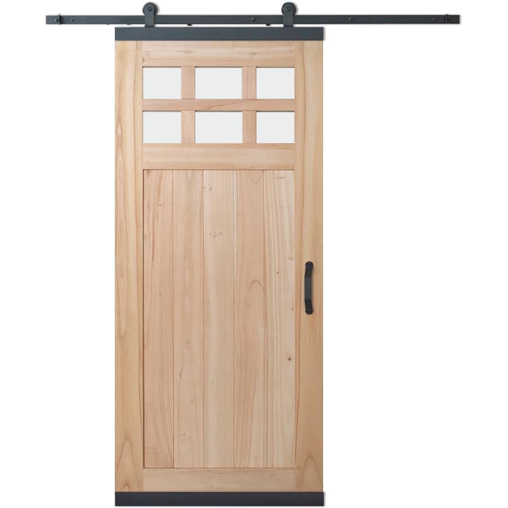 36 in. x 80 in. DesignGlide Farmhouse Unfinished Solid Wood 6-Lite Obscure Glass Sliding Barn Door & Black Hardware Kit - Super Arbor