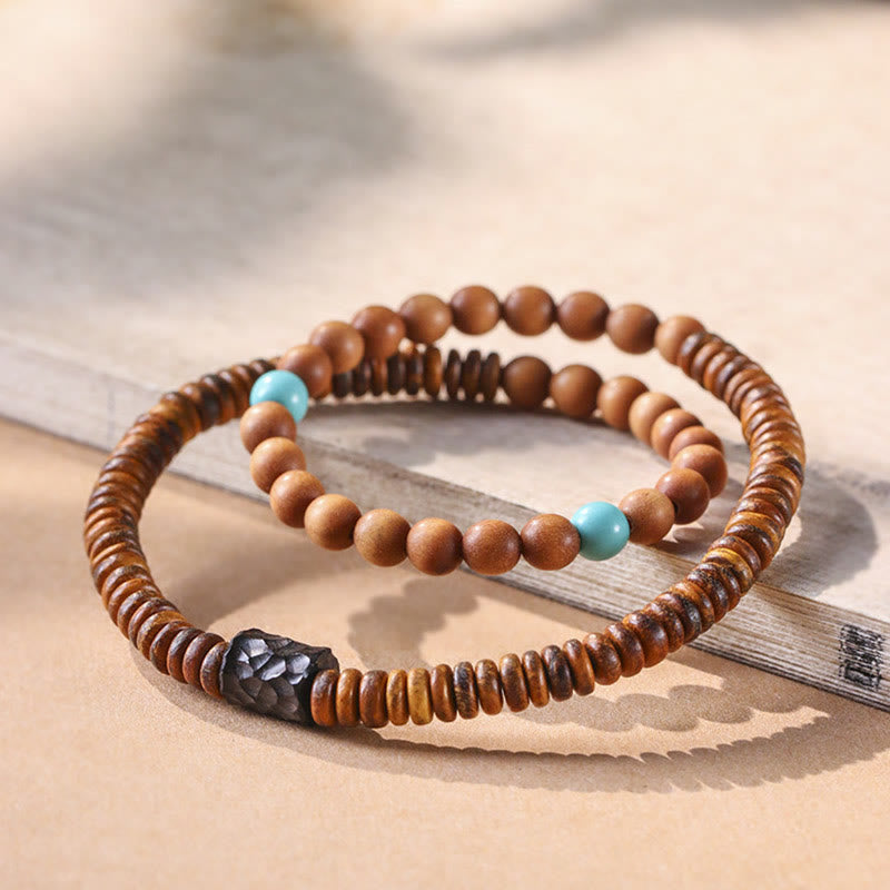 KarmaRipple's Sandalwood Small Leaf Red Sandalwood Thuja Sutchuenensis Boxwood Turquoise Protection Double Wrap Bracelet p1