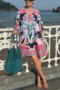 Lucia Linen Blend Vacation-style Print Tie-up Neck Long Sleeve Pocket Loose Mini Dress