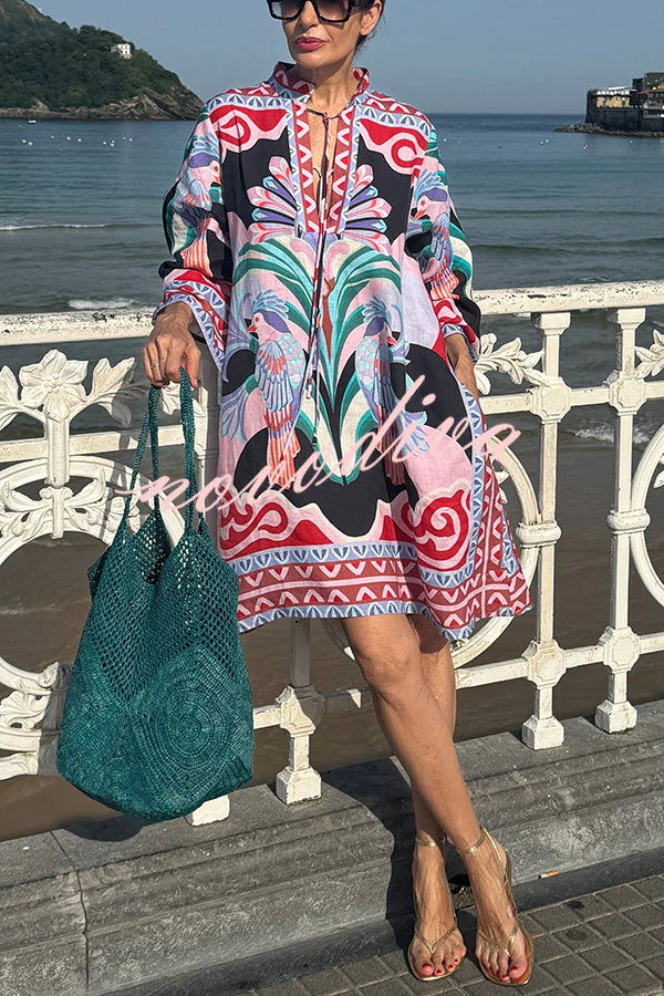 Lucia Linen Blend Vacation-style Print Tie-up Neck Long Sleeve Pocket Loose Mini Dress