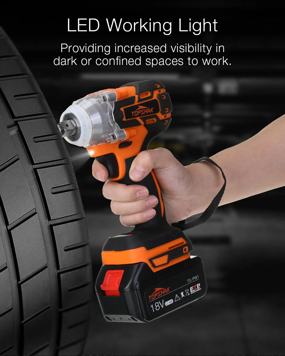 Topshak TS-PW1A 380N.M Brushless Electric Impact Wrench with LED Light & Battery for Woodworking & Maintenance