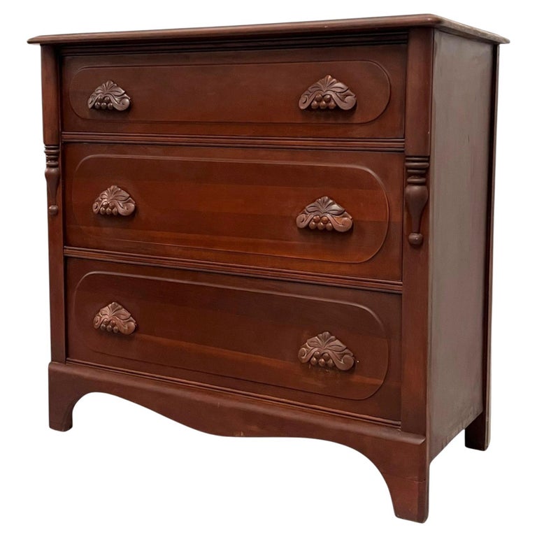 Vintage Mahogany Wood Dresser 3-Dovetailed Drawers with Solid Wood Pine handles