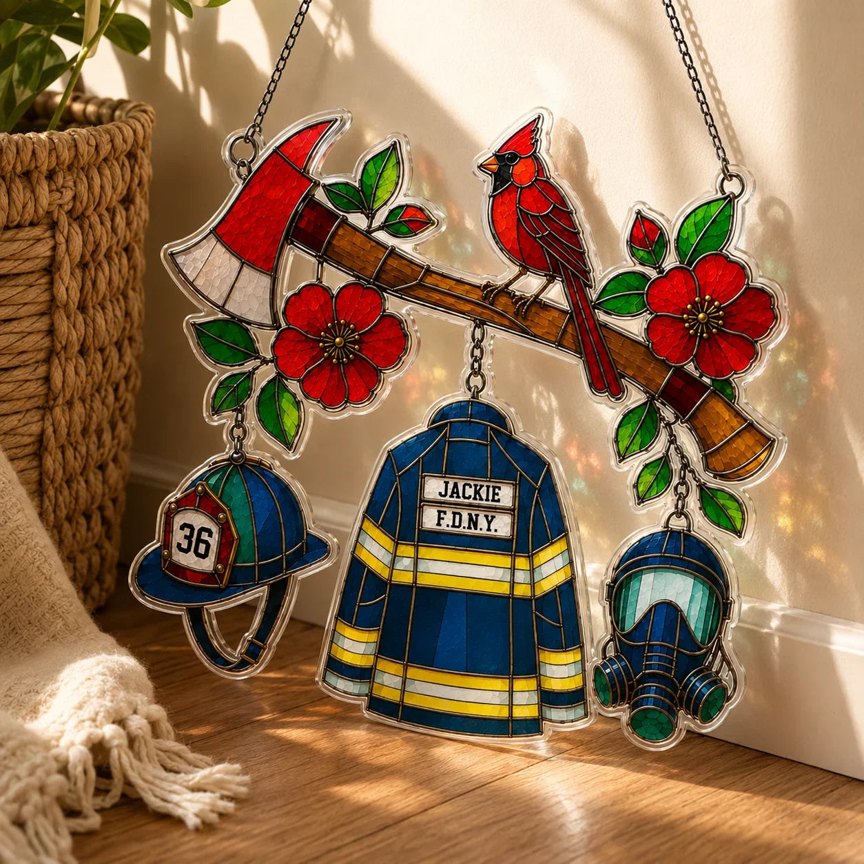 Stained glass decorations featuring a fireman's jacket, helmet, and cardinal bird on a branch.