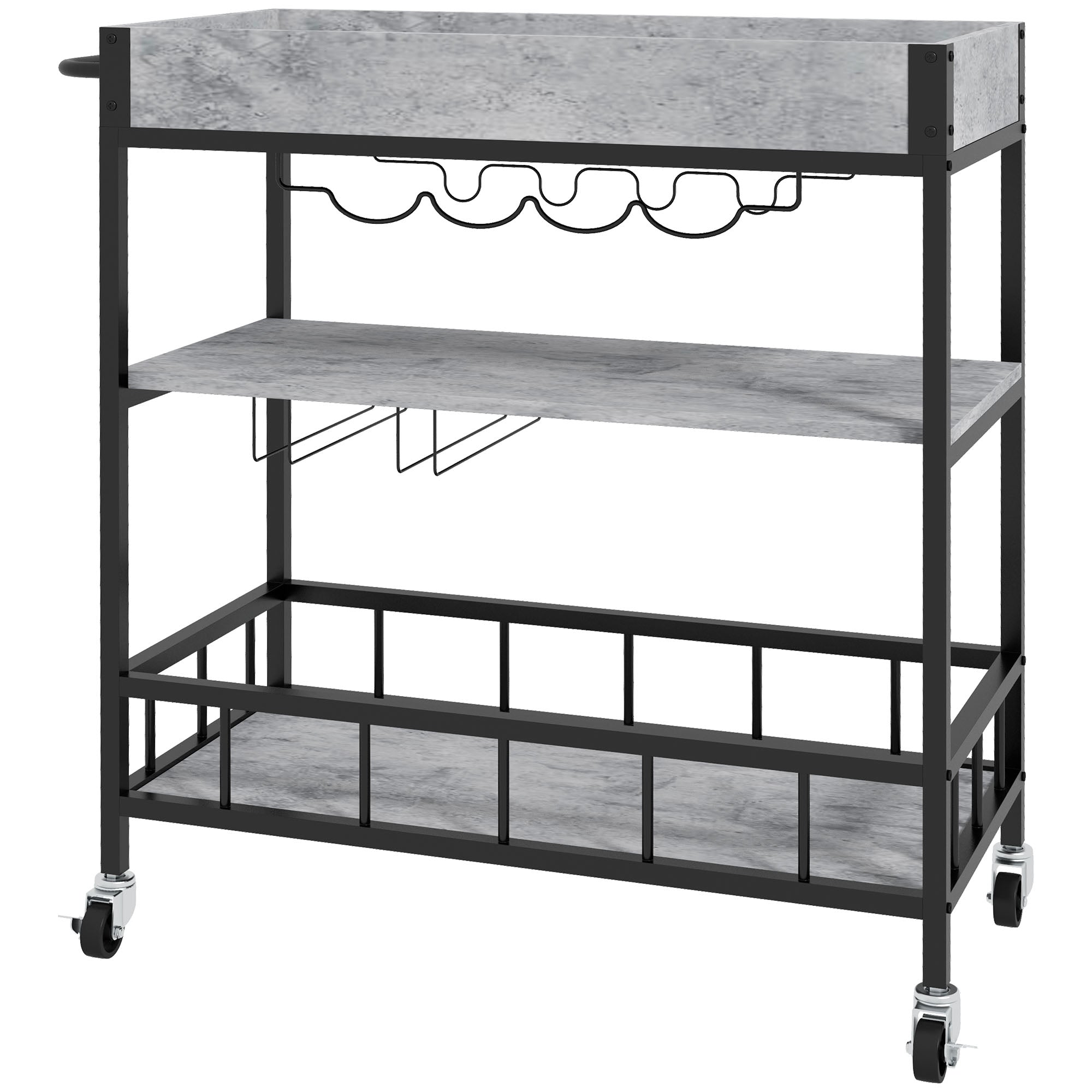 3-Tier Kitchen Cart with Wine Storage - Rolling Island with Removable Tray, Glass Holders, and Faux Marble Shelves - Space-Saving Organizer for Home Chefs and Entertaining