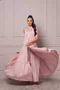 Flowy Blush Pink Satin Oversize Halter Dress, Elegant Outdoor Wedding Guest Dress by AtelierAstraea