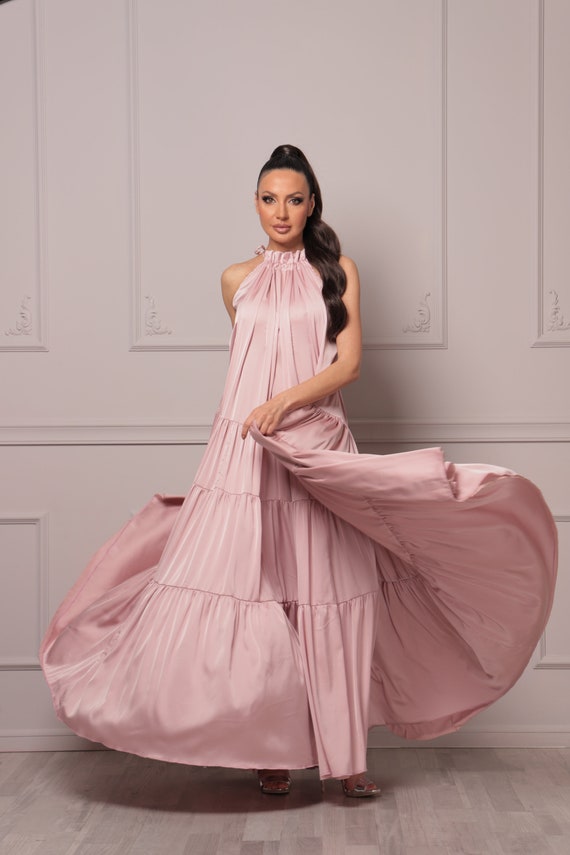 Flowy Blush Pink Satin Oversize Halter Dress, Elegant Outdoor Wedding Guest Dress by AtelierAstraea
