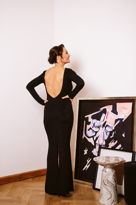 Black Maxi Dress With Deep Backless Design • Stretch Evening Gown •  Minimalist Sexy Dress