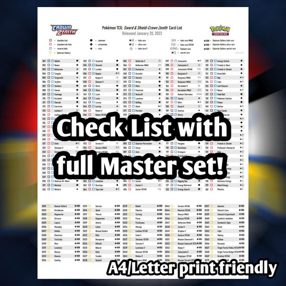 Pokemon TCG Crown Zenith Binder Placeholder and Checklist Master Card List  Digital Download Sword and Shield