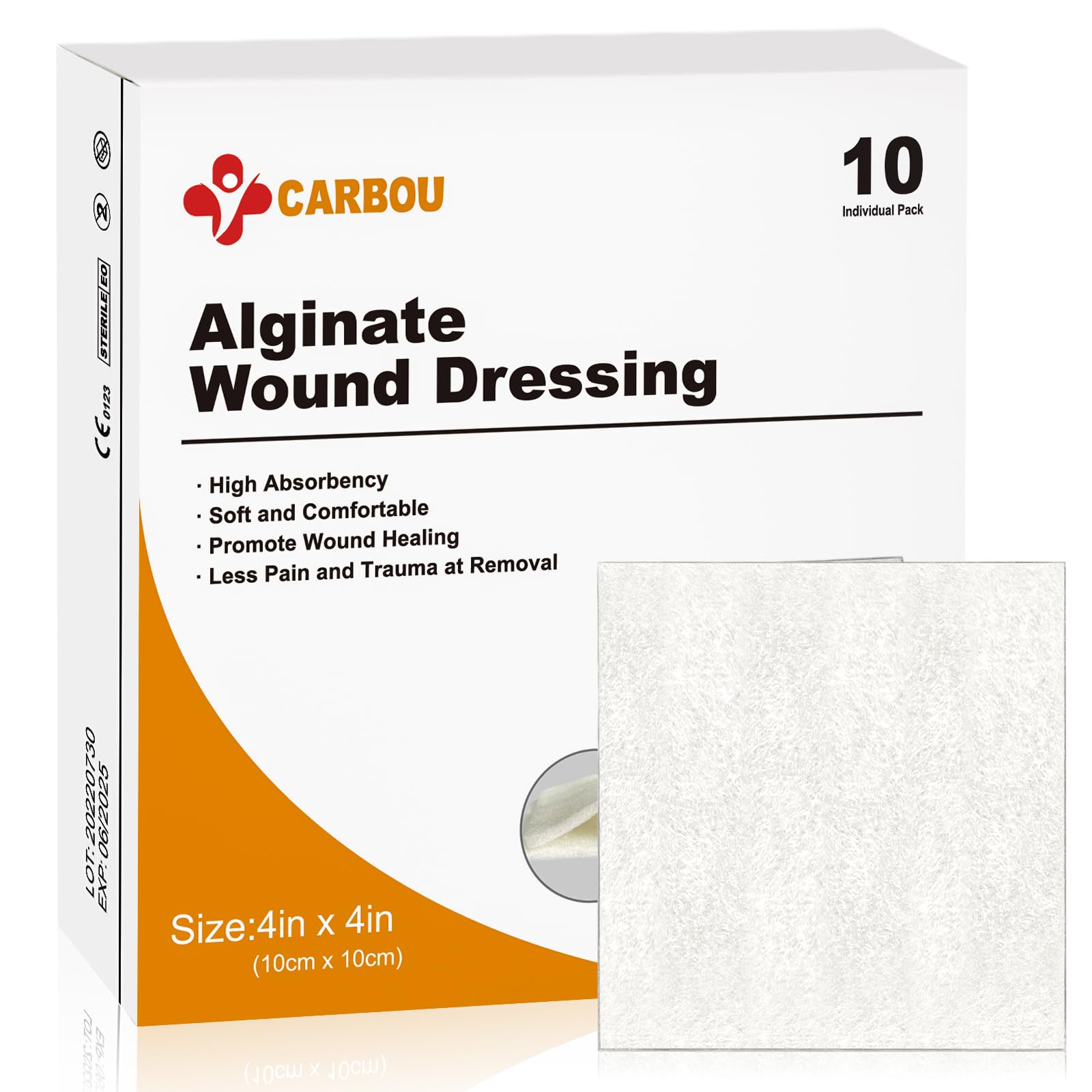 Carbou Calcium Alginate Wound Dressing, 4" x 4", 10 Pack