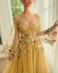 Gold A-Line dress with long sleeves, flowers and embroidery