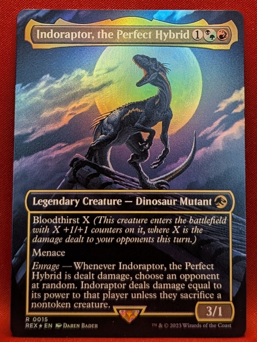 indoraptor mtg card FOIL Indoraptor, the Perfect Hybrid (Borderless) from Universes Beyond: Jurassic World Collection Magic the Gathering Proxy
