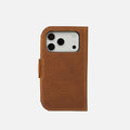Brown full-grain leather MagSafe folio wallet case for iPhone 17 Pro with camera cutout – Geometric Goods