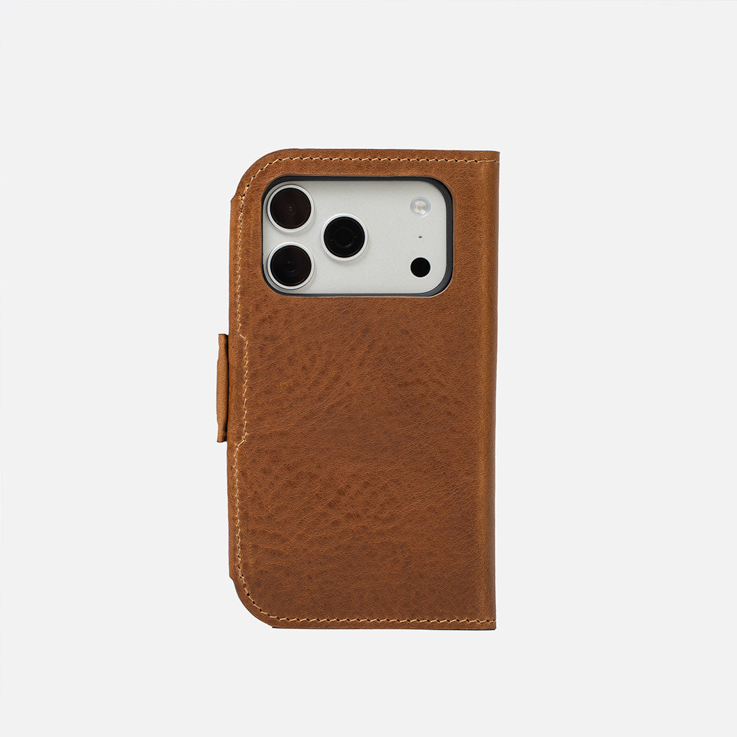 Brown full-grain leather MagSafe folio wallet case for iPhone 17 Pro with camera cutout – Geometric Goods