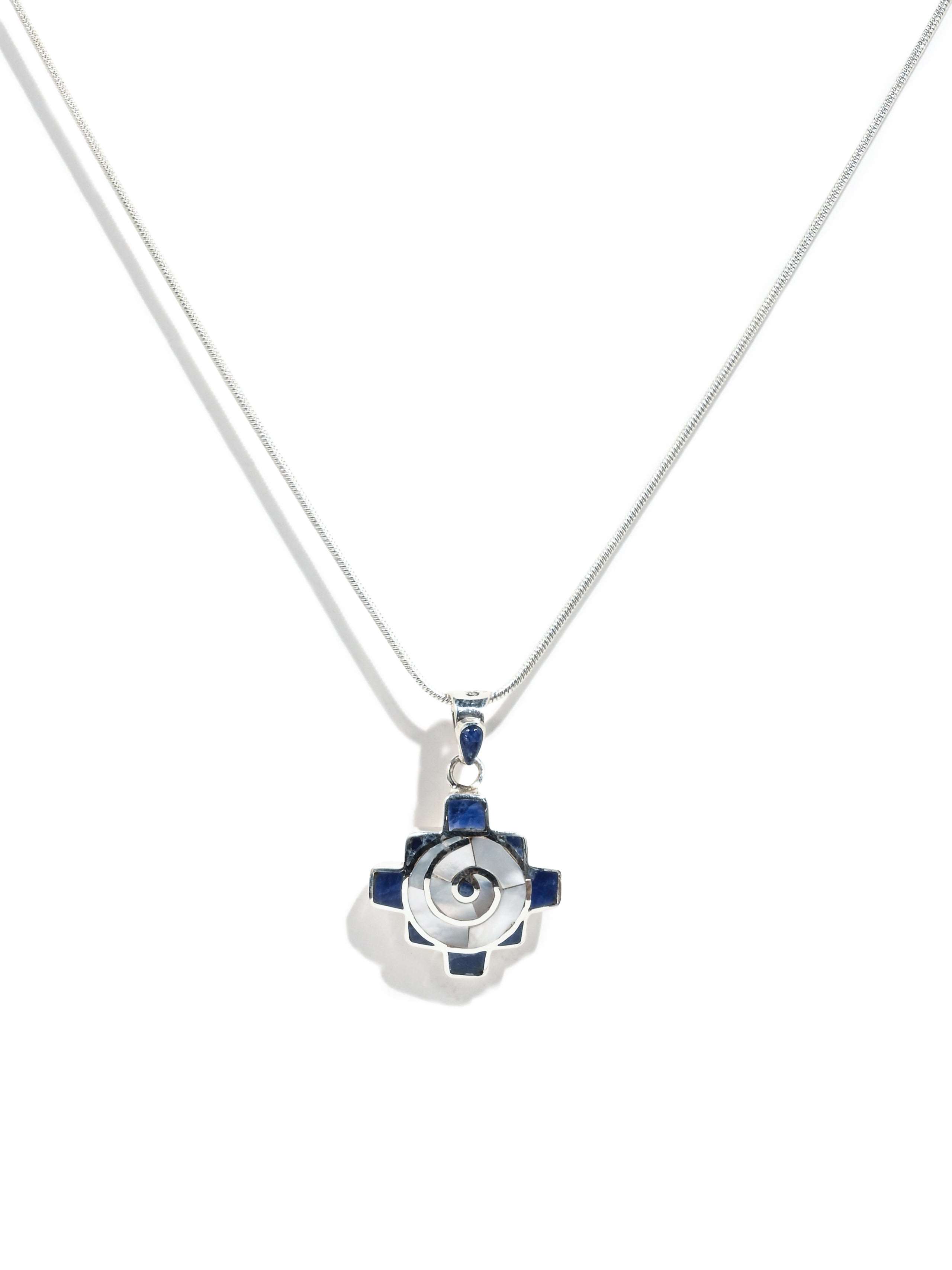 Peruvian Chakana Spiral Pendant Necklace - 950 Sterling Silver Shell Inlay