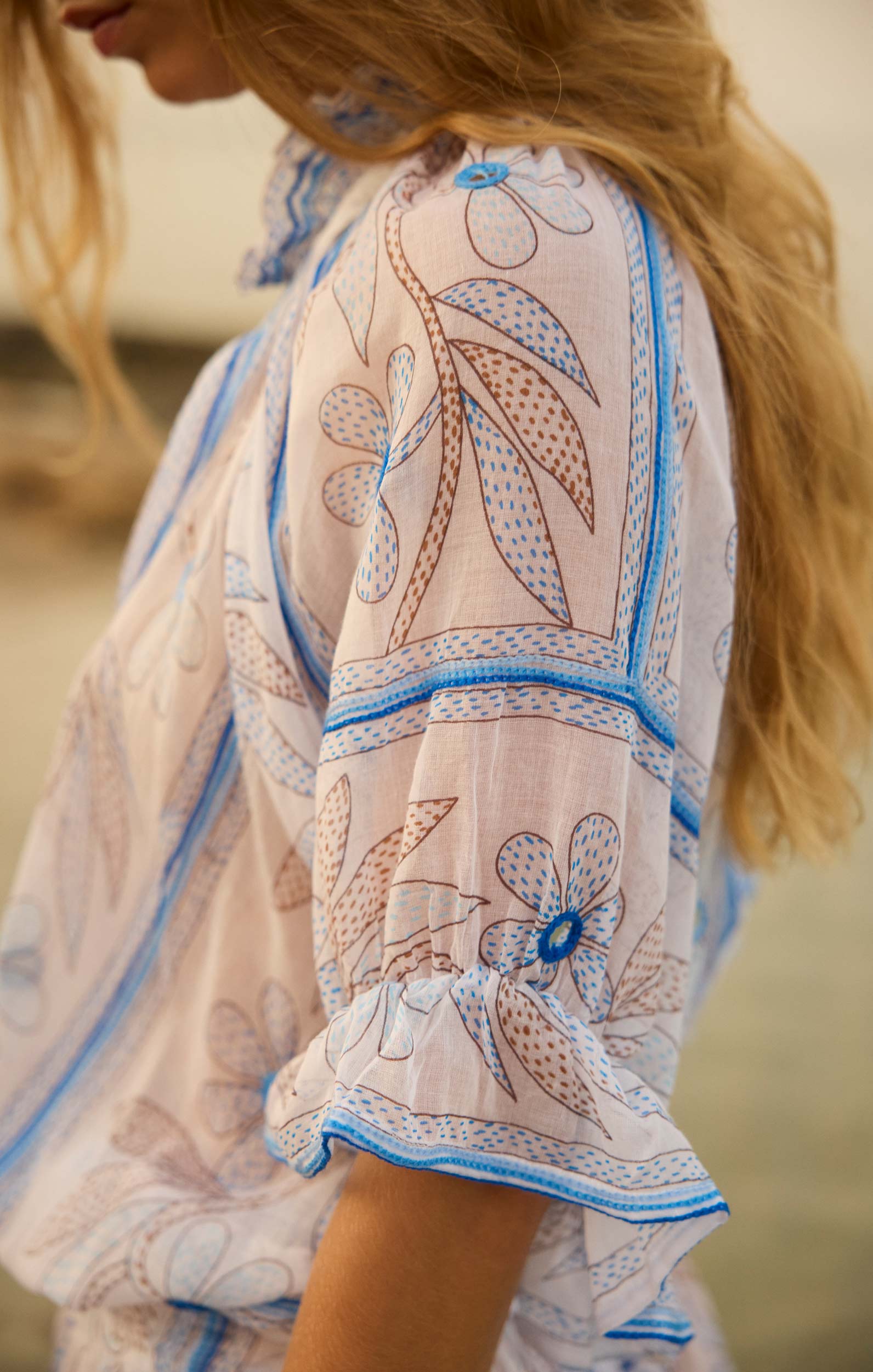 White & Blue Johri Print Blouson Dress with Mirrors