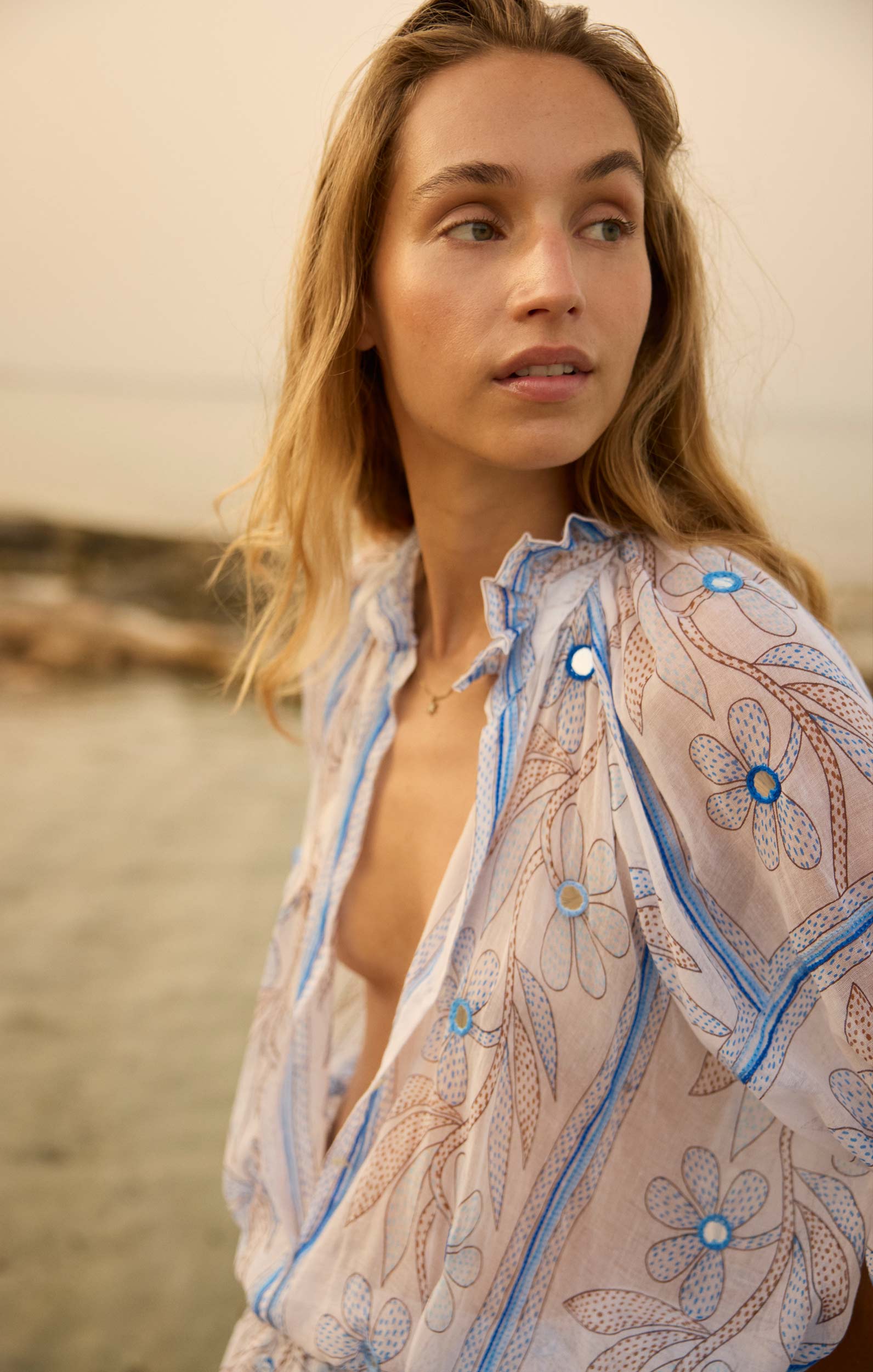 White & Blue Johri Print Blouson Dress with Mirrors