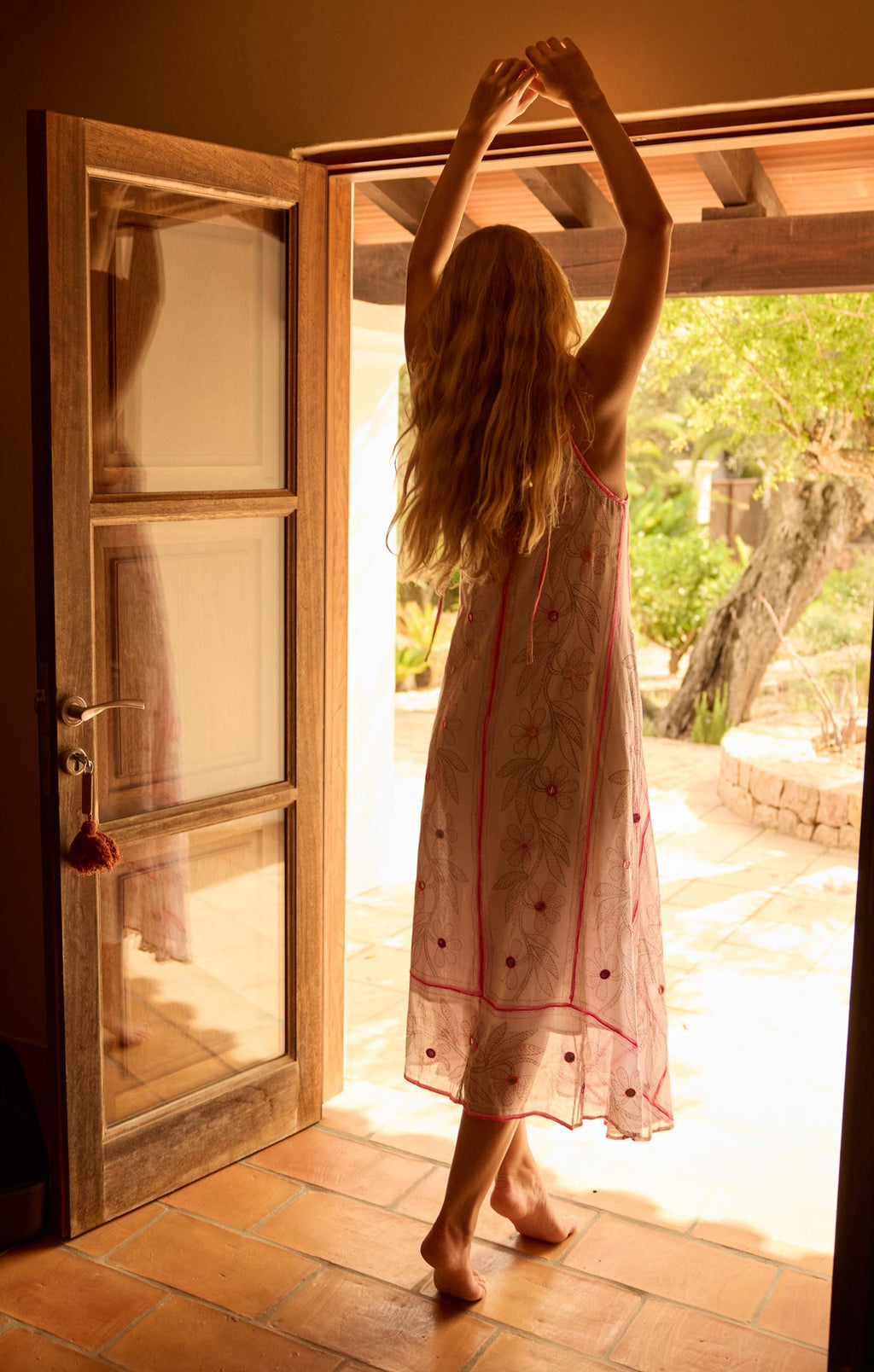 White & Pink Johri Print Floaty Dress with Mirrors