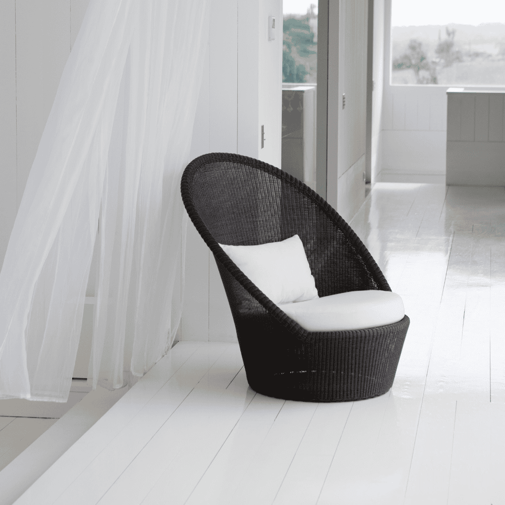 Boxhill's Kingston Sunchair Lounge with Wheels lifestyle image beside hanging white fabric