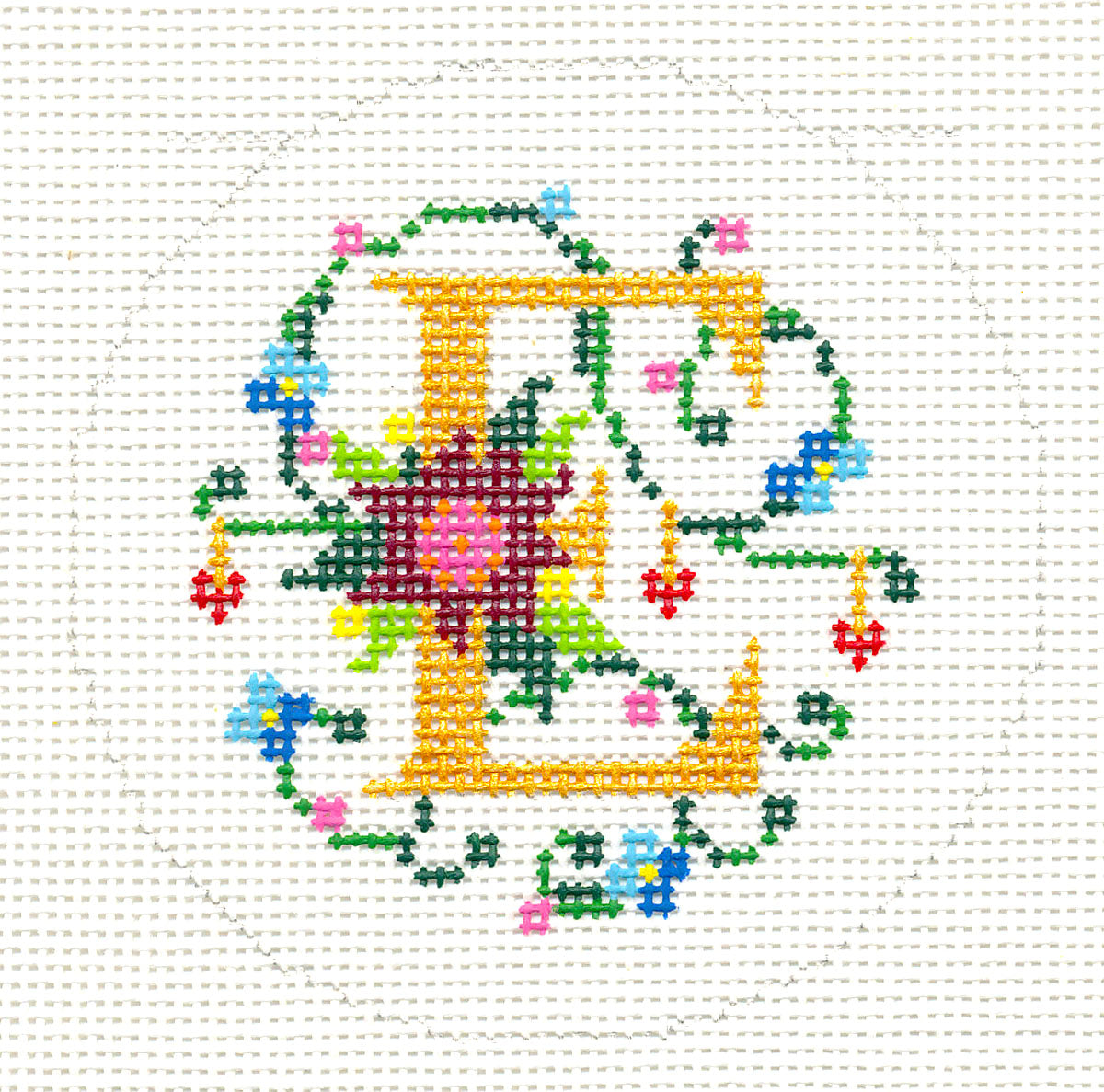 Alphabet ~ Letter "E" Floral Design handpainted Needlepoint Canvas 3" Rd. 18 mesh by Lee