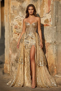 Gold Sweetheart A - Line Lace Long Prom Dress With Split - KissProm