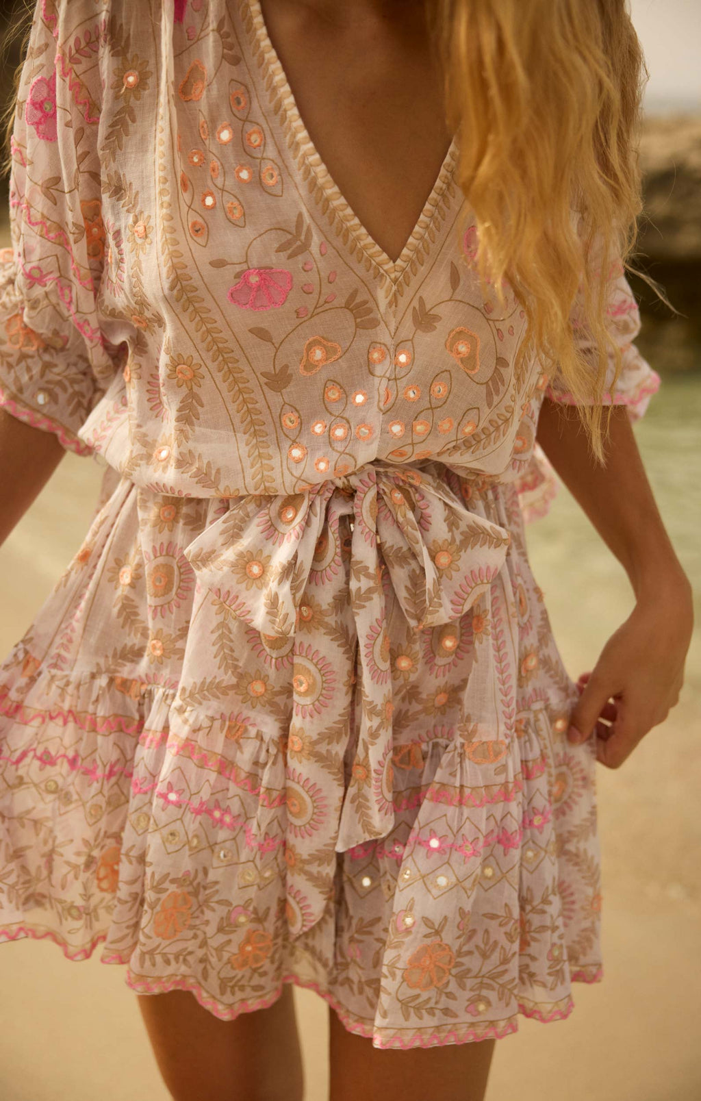 White & Pink Mexican Print Tie Waist Mini Dress with Mirrors