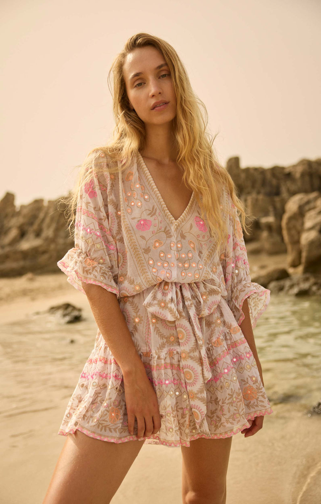 White & Pink Mexican Print Tie Waist Mini Dress with Mirrors