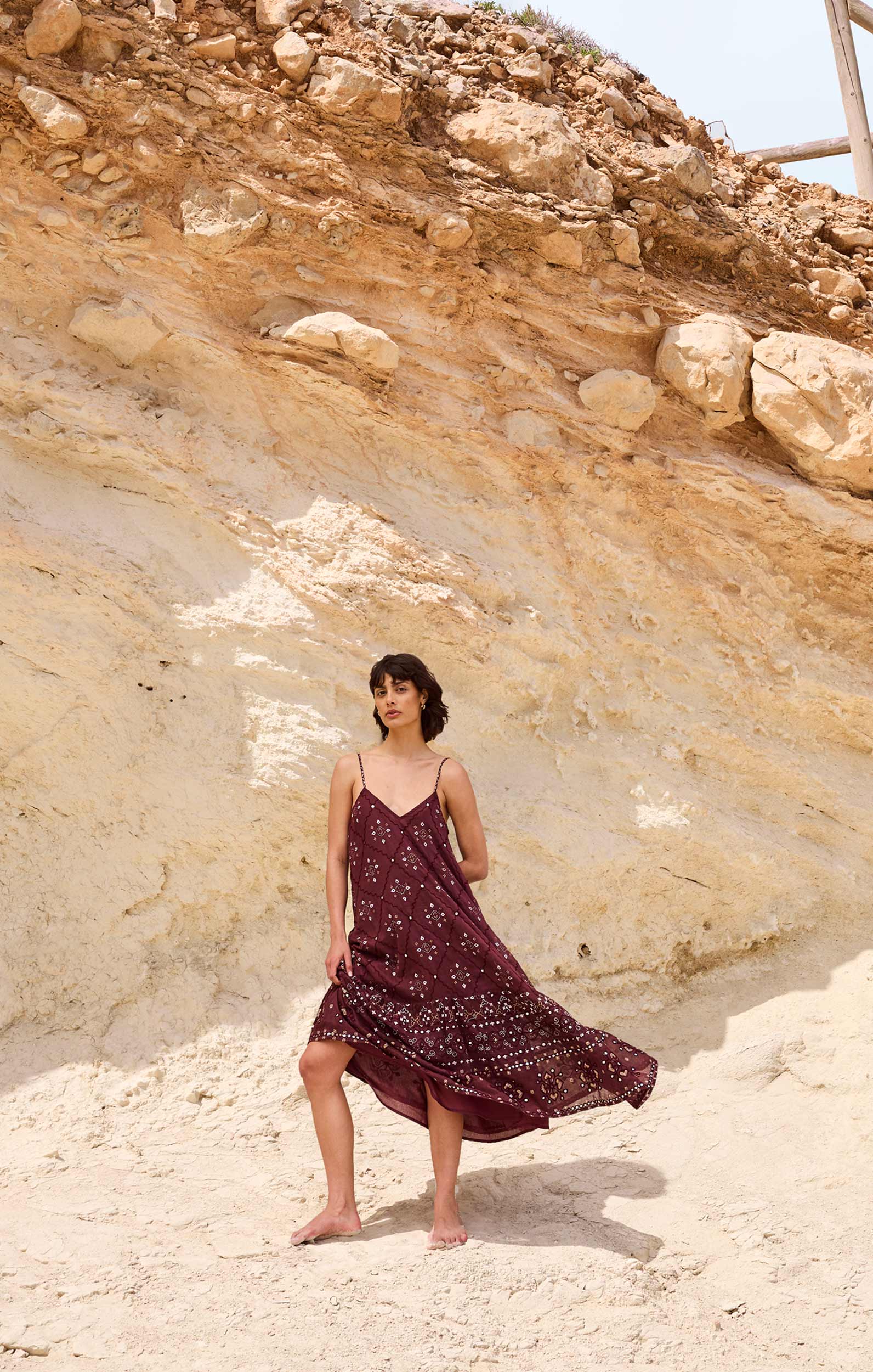 Black Cherry Mosaic Print V-Neck Midi Dress