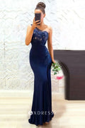 Navy Lace Spandex One Shoulder Slim Fit Prom Dress