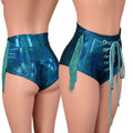 Ocean Sparkle Laceup Front Siren Shorts with Dusty Jade Fringe - Coquetry Clothing
