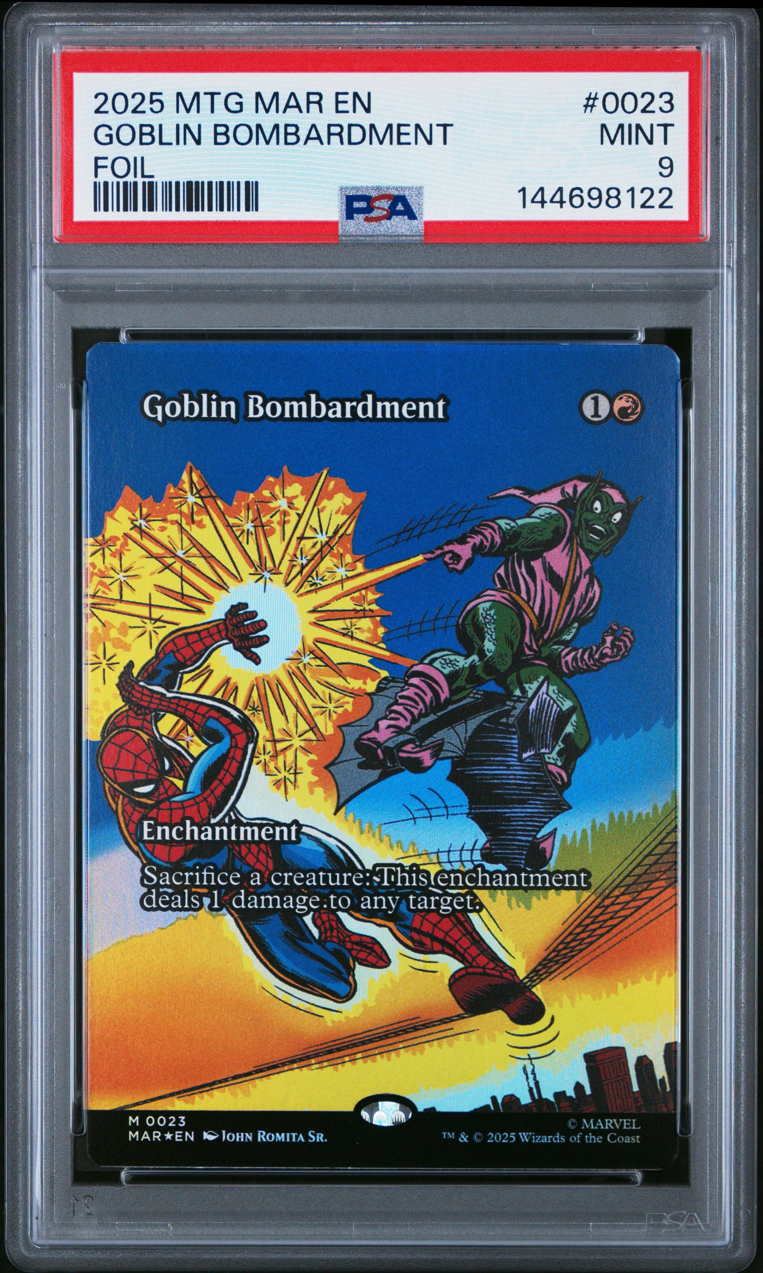 2025 Magic The Gathering Marvel's Spider-man: Source Material 0023 Goblin Bombardment Foil PSA 9